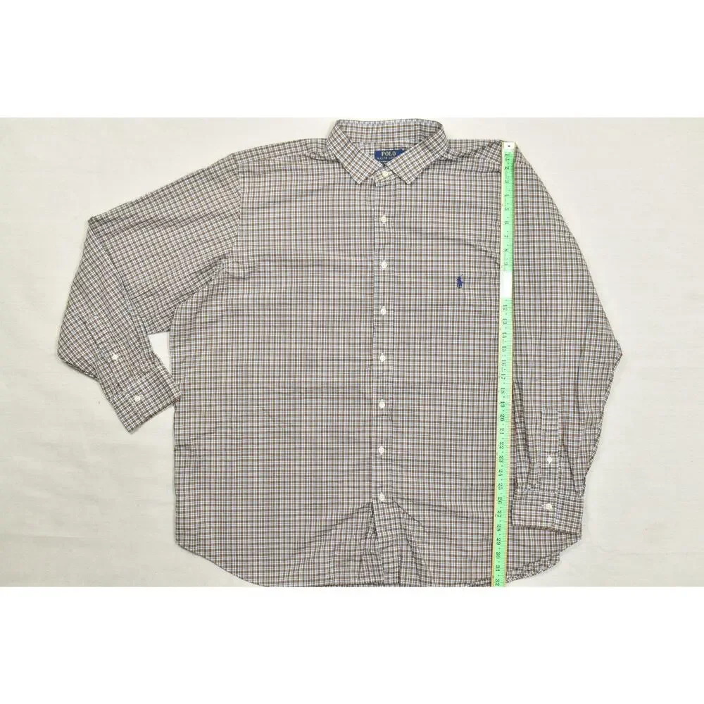 Polo Ralph Lauren Shirt 3XB Brown Blue Plaid Check 100% Cotton Stretch Long Slee